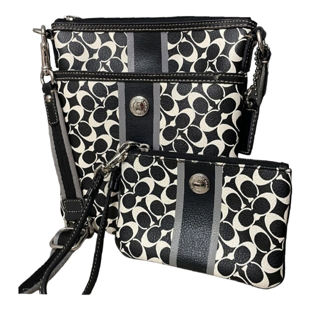Coach F43893 3 Piece Set Signature Swing Pack Crossbody + Wristlet Black White - Picture 2 of 15